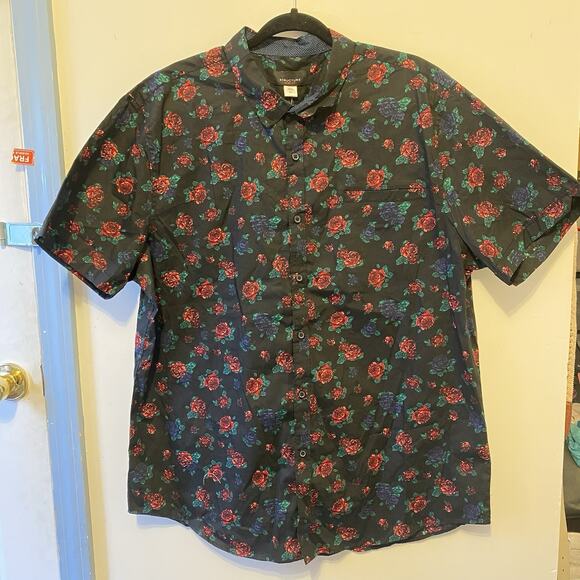 New Y2K Structure SlimFit Men XXL Cotton ButtonUp Shirt ShortSleeve Black Floral - Picture 6 of 8